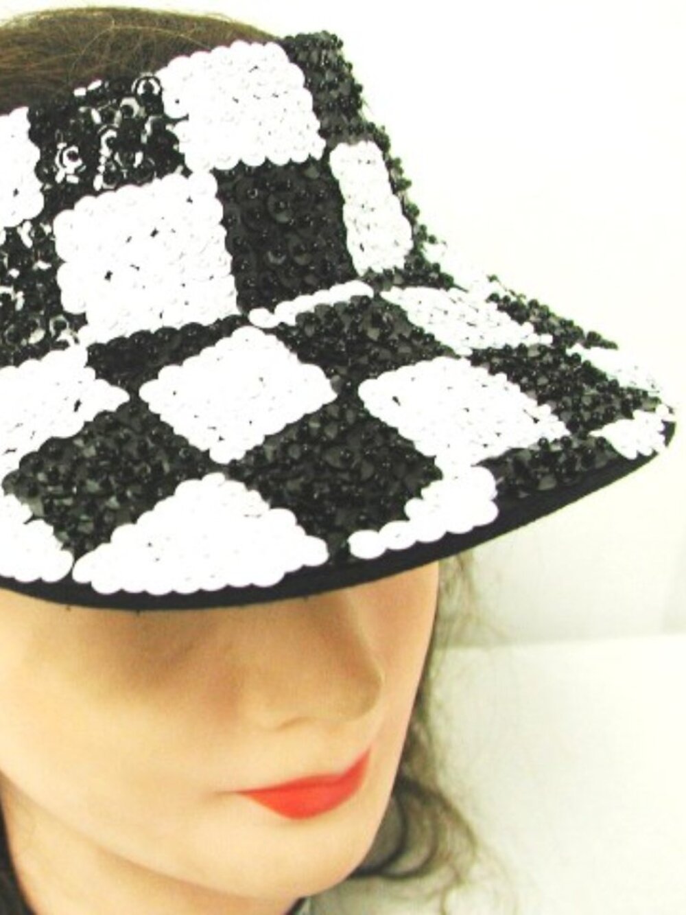 Sequin Sun Visor Black White Checkered, Sparkly Festival Hat